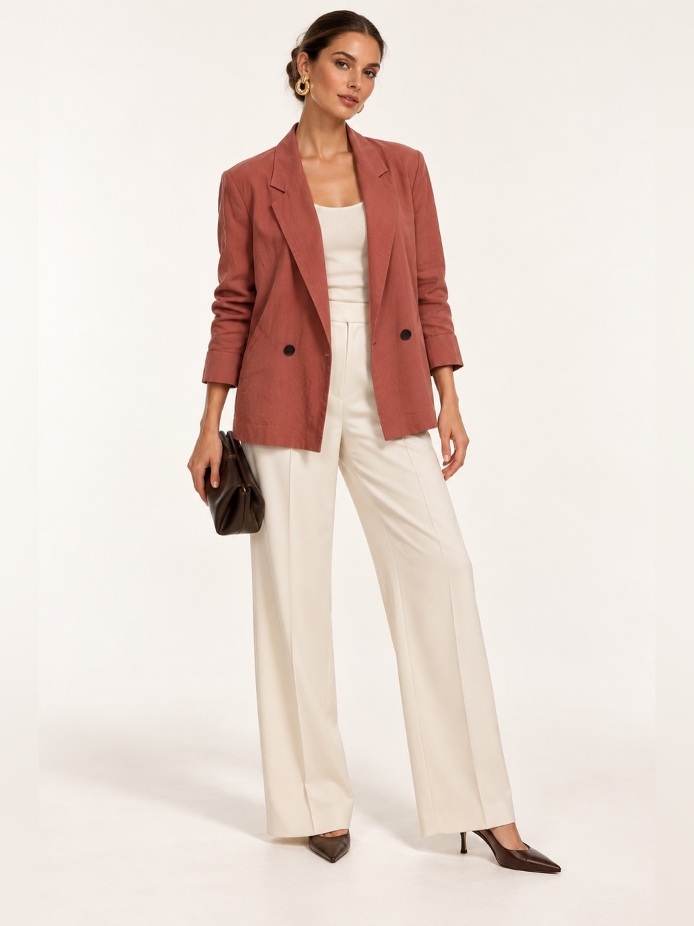Zara Womens Blazer Large Terracotta Rust Double Breasted Relaxed Fit Jacket